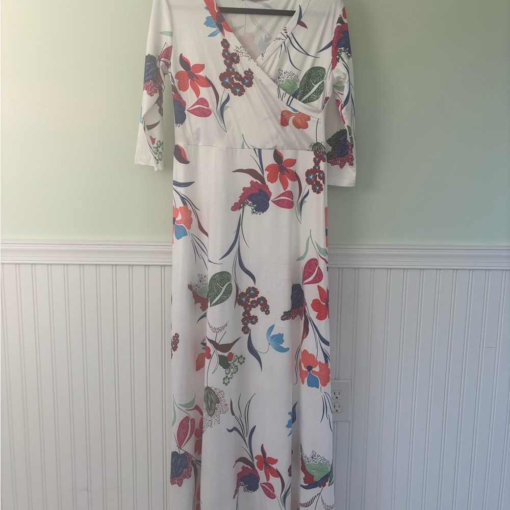 Floral Maxi Dress with Red and Blue Accents